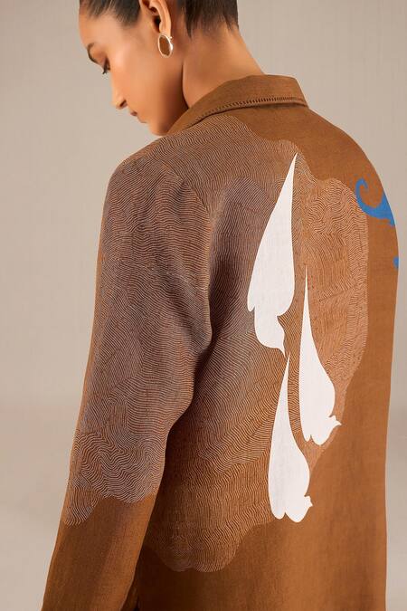 AMPM_Brown Linen Bird Shirt Collar Motif And Pant Set _Online_at_Aza_Fashions