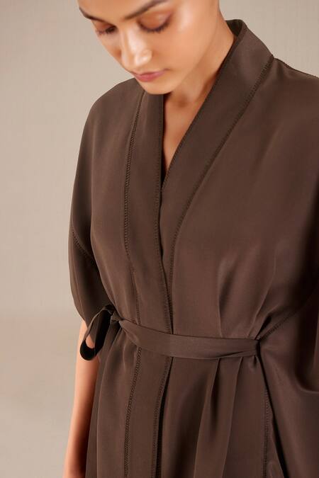 Ampm_Brown Crepe V-neck Monochrome Asymmetric Dress_Online_at_Aza_Fashions