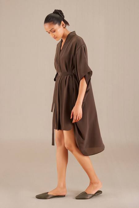 Buy_Ampm_Brown Crepe V-neck Monochrome Asymmetric Dress_Online_at_Aza_Fashions