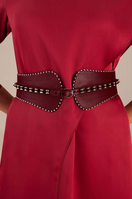 Ampm Wine Studs Metallic Embellished Leather Corset Belt Online at Aza Fashions Ampm_Wine Studs Metallic Embellished Leather Corset Belt_Online_at_Aza_Fashions