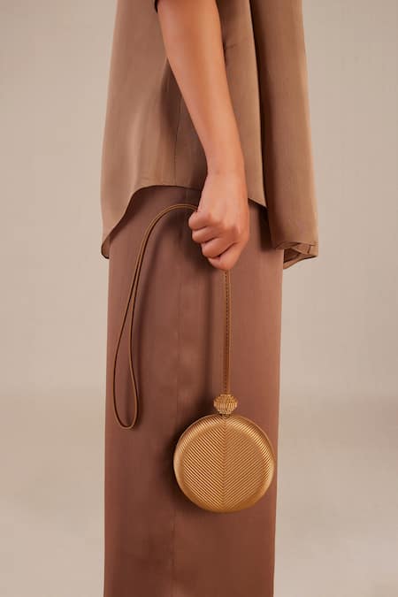 Ampm_Gold Embroidery Aiza Quilted Circular Shape Sling Bag _Online_at_Aza_Fashions