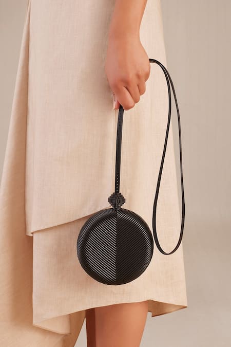 Ampm_Black Embroidery Aiza Circular Shape Sling Bag _Online_at_Aza_Fashions