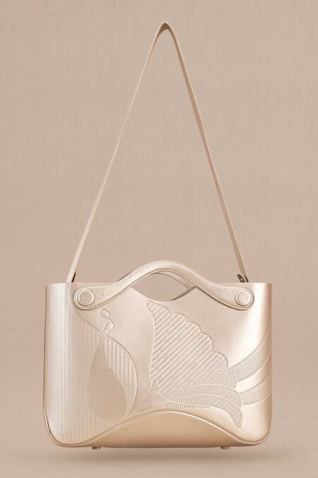 Shop_Ampm_Off White Embroidery Siena Metallic Floral Pattern Tote Bag 