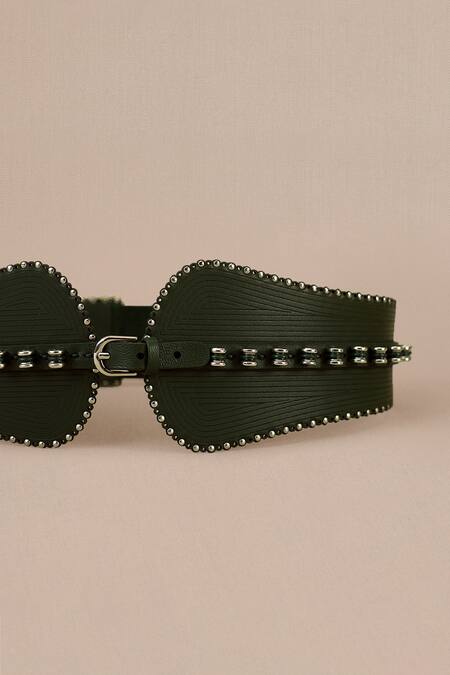 Buy_Ampm_Green Studs Laser Cut Leather Corset Belt_Online_at_Aza_Fashions