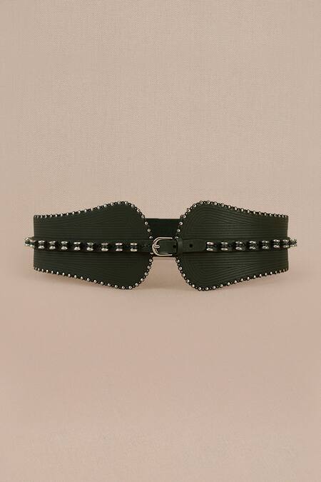 Shop_Ampm_Green Studs Laser Cut Leather Corset Belt_Online_at_Aza_Fashions