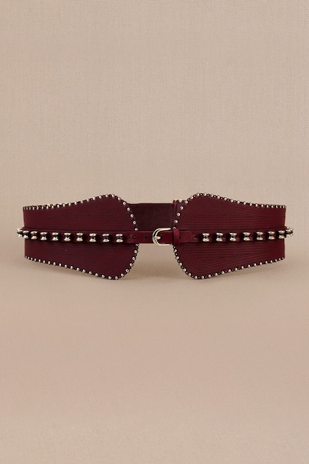 Shop Ampm Wine Studs Metallic Embellished Leather Corset Belt Online at Aza Fashions Shop_Ampm_Wine Studs Metallic Embellished Leather Corset Belt_Online_at_Aza_Fashions