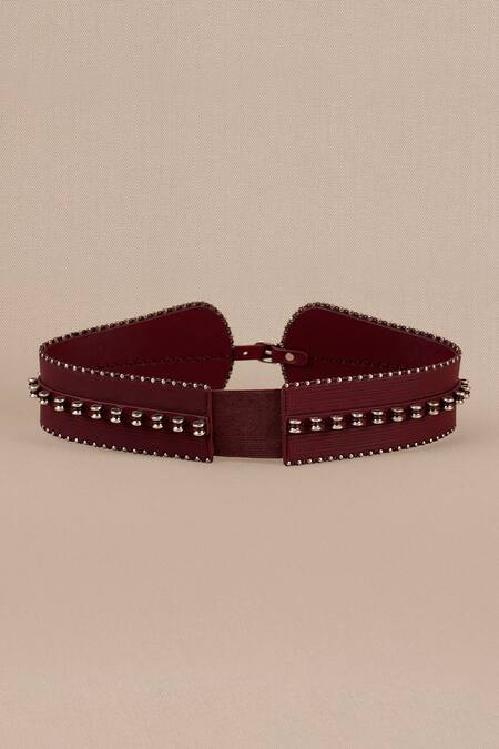 Ampm Wine Studs Metallic Embellished Leather Corset Belt at Aza Fashions Ampm_Wine Studs Metallic Embellished Leather Corset Belt_at_Aza_Fashions