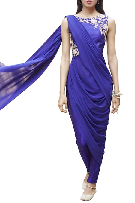 Tisha Saksena Blue Violet Crop Top With Drape And Trousers 