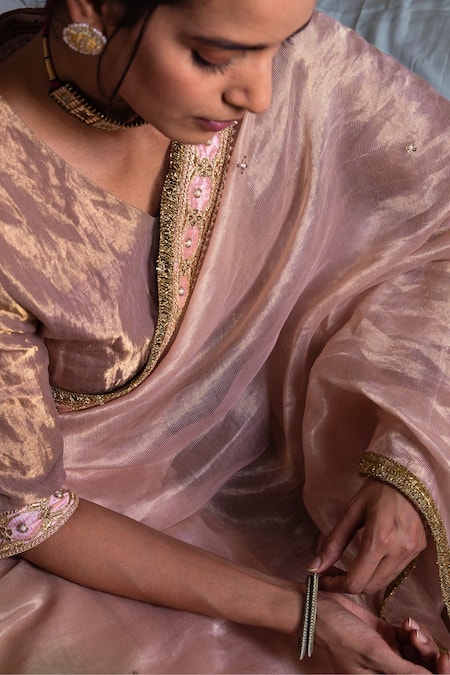 Shorshe Clothing Pink Chanderi Silk, Tissue Embroidery, Lace Hand Saree Online at Aza Fashions Shorshe Clothing_Pink Chanderi Silk, Tissue Embroidery, Lace Hand Saree _Online_at_Aza_Fashions