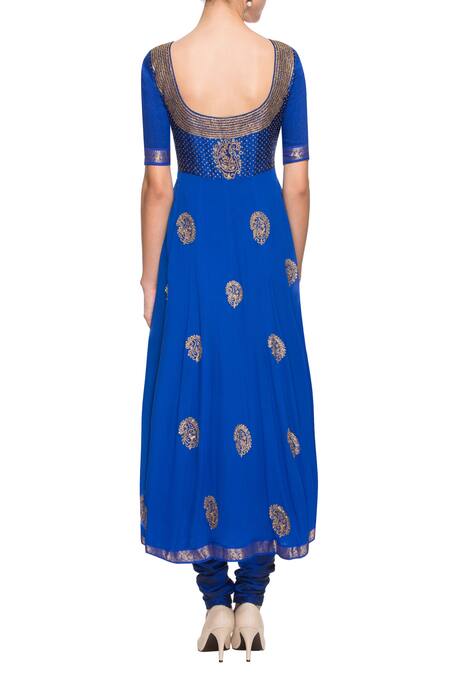 Shop_Latha Puttanna_Blue Embroidered Anarkali Set_at_Aza_Fashions