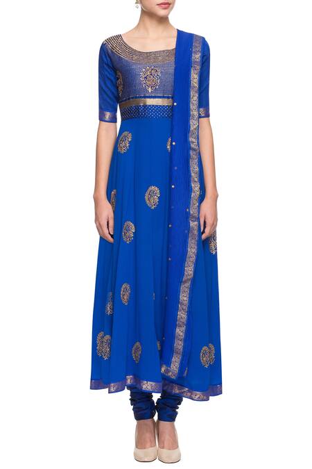 Shop_Latha Puttanna_Blue Embroidered Anarkali Set_Online_at_Aza_Fashions