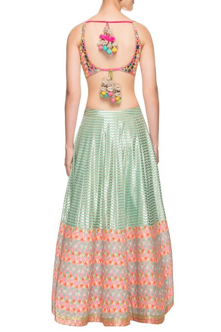 Shop_Avnni Kapur_Blue Georgette Embellished Mirror Work Scoop Neck Lehenga Set_at_Aza_Fashions