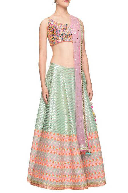 Avnni Kapur_Blue Georgette Embellished Mirror Work Scoop Neck Lehenga Set_Online_at_Aza_Fashions