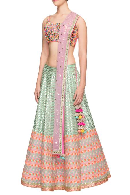 Buy_Avnni Kapur_Blue Georgette Embellished Mirror Work Scoop Neck Lehenga Set_Online_at_Aza_Fashions