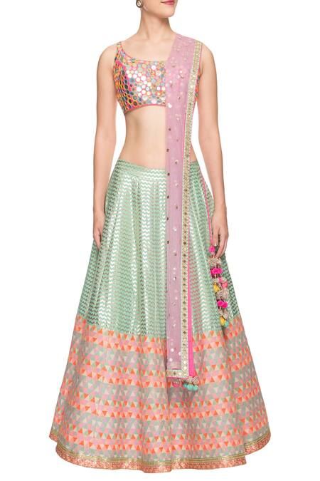 Shop_Avnni Kapur_Blue Georgette Embellished Mirror Work Scoop Neck Lehenga Set_Online_at_Aza_Fashions