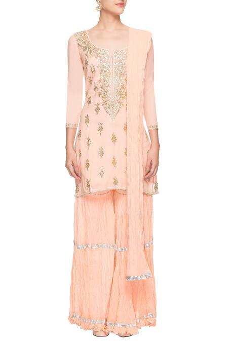 Shop_Nazar By Indu_Peach Embroidered Kurta Set_Online_at_Aza_Fashions