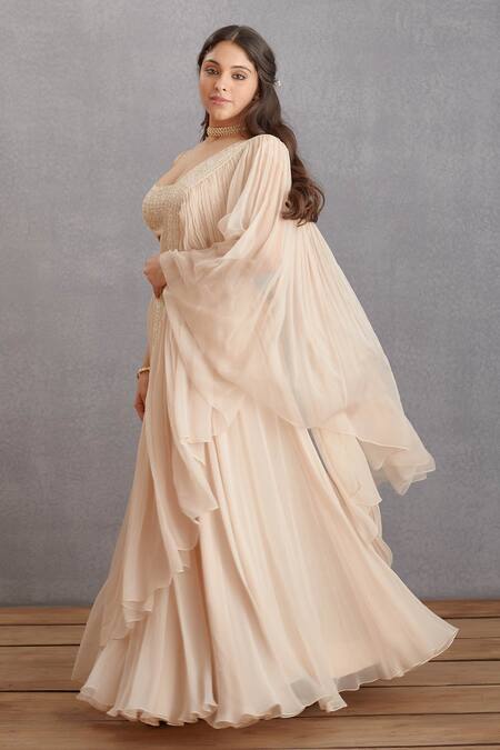 Torani_Beige Cotton Silk, Handwoven Chanderi Mirror Work Scoop U Kasturi Ikjot Blouse _Online_at_Aza_Fashions