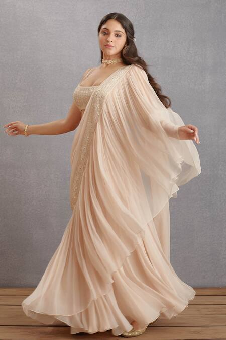 Buy_Torani_Beige Cotton Silk, Handwoven Chanderi Mirror Work Scoop U Kasturi Ikjot Blouse _Online_at_Aza_Fashions