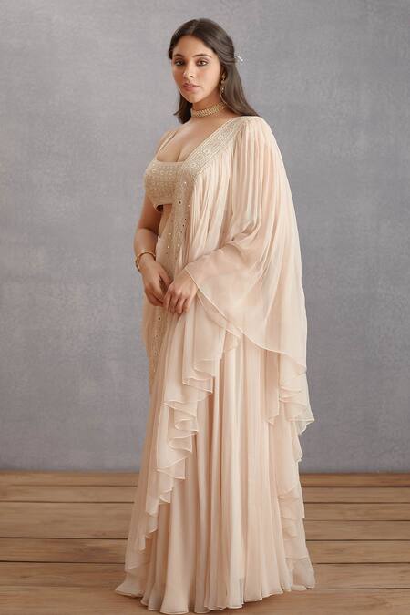 Shop_Torani_Beige Cotton Silk, Handwoven Chanderi Mirror Work Scoop U Kasturi Ikjot Blouse _Online_at_Aza_Fashions