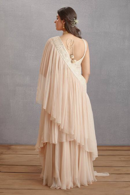 Torani_Beige Cotton Silk, Handwoven Chanderi Mirror Work Scoop U Kasturi Ikjot Blouse _at_Aza_Fashions