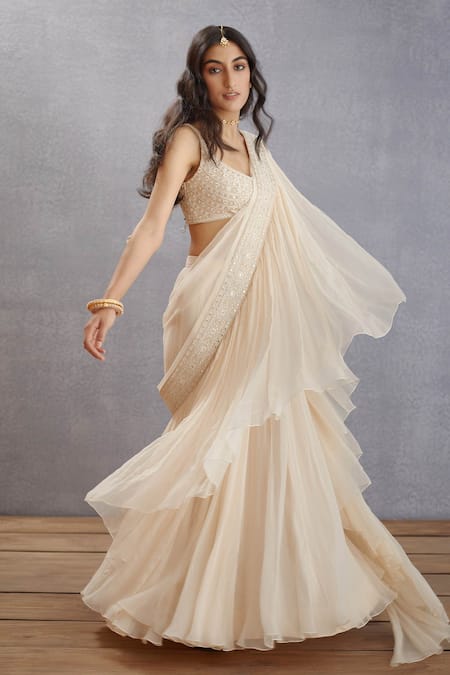 Torani_White Cotton Silk, Handwoven Chanderi Mirror Work Scoop U Mogra Ikjot Blouse _Online_at_Aza_Fashions