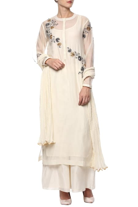 Joy Mitra Cream embroidered kurta set 