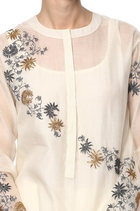 Joy Mitra_Cream Embroidered Kurta Set _at_Aza_Fashions