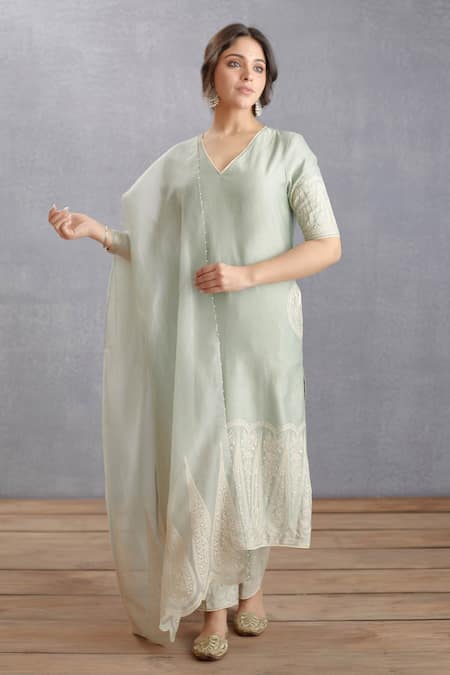 Torani_Green Cotton , Organza, Handwoven Chanderi Jaituni Nitara Kurta Set _Online_at_Aza_Fashions