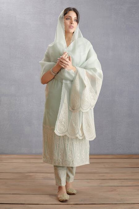 Buy_Torani_Green Cotton , Organza, Handwoven Chanderi Jaituni Nitara Kurta Set _Online_at_Aza_Fashions