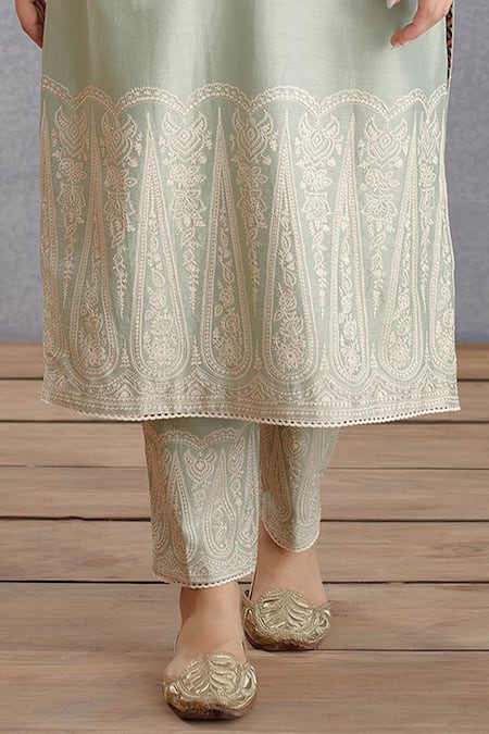Torani_Green Cotton , Organza, Handwoven Chanderi Jaituni Nitara Kurta Set _at_Aza_Fashions