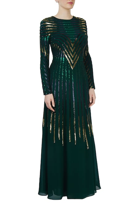 Huemn_Green Embellished Gown  _Online_at_Aza_Fashions