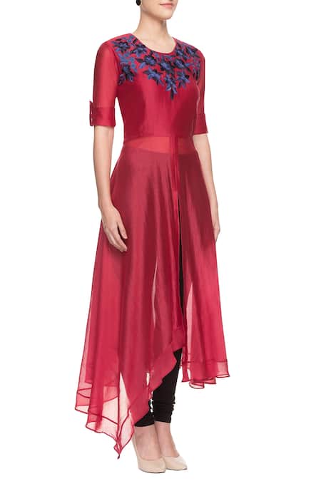 Swapan & Seema_Maroon Embroidered Kurta_Online_at_Aza_Fashions