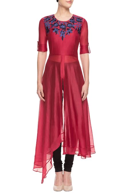 Shop_Swapan & Seema_Maroon Embroidered Kurta_Online_at_Aza_Fashions