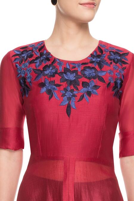 Swapan & Seema_Maroon Embroidered Kurta_at_Aza_Fashions