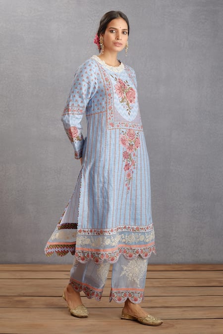 Torani_Blue Linen, , Organza, Kota, Samsara Samar Kurta Set _Online_at_Aza_Fashions