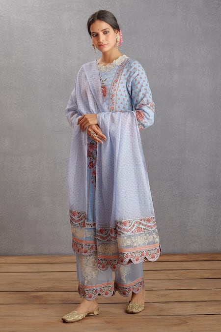Buy_Torani_Blue Linen, , Organza, Kota, Samsara Samar Kurta Set _Online_at_Aza_Fashions