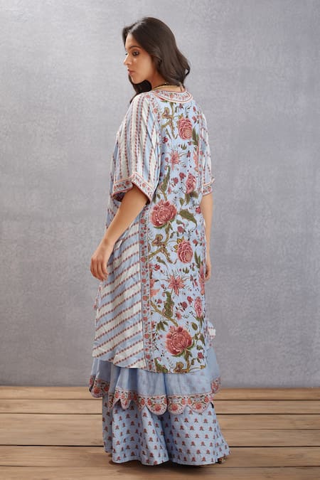 Torani_Blue Cotton Silk Chintz Motifs V Neck Samsara Ishana Ghera _Online_at_Aza_Fashions