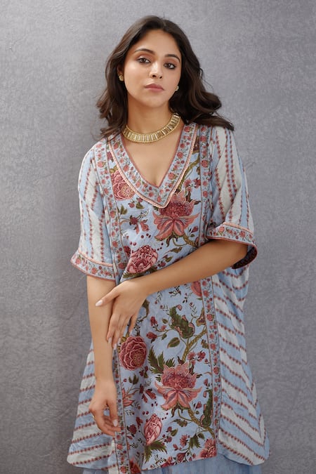 Buy_Torani_Blue Cotton Silk Chintz Motifs V Neck Samsara Ishana Ghera _Online_at_Aza_Fashions