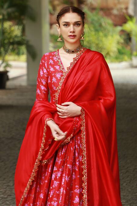 Punit Balana_Red Chanderi Silk, Organza Embroidery Surkh Laal Floral Print Angarkha Set _at_Aza_Fashions