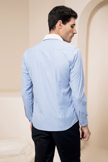 Shop Abkasa Blue Cotton Striped Shirt at Aza Fashions Shop_Abkasa_Blue Cotton Striped Shirt _at_Aza_Fashions