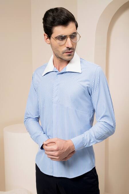 Abkasa Blue Cotton Striped Shirt Online at Aza Fashions Abkasa_Blue Cotton Striped Shirt _Online_at_Aza_Fashions