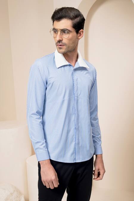 Shop Abkasa Blue Cotton Striped Shirt Online at Aza Fashions Shop_Abkasa_Blue Cotton Striped Shirt _Online_at_Aza_Fashions