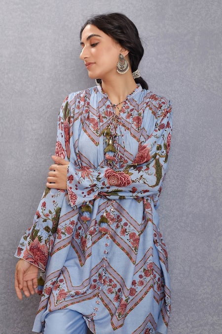 Torani_Blue Silk, Voile, Handwoven Samsara Taarifa Kurta And Pant Set _Online_at_Aza_Fashions