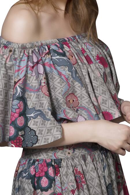 Shop_Siddhartha Bansal_Grey Poly Crepe Chintz Skirt_at_Aza_Fashions