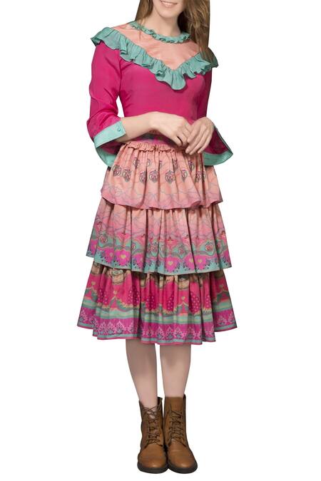 Shop Siddhartha Bansal Pink Poly Crepe Printed Skirt at Aza Fashions Shop_Siddhartha Bansal_Pink Poly Crepe Printed Skirt_at_Aza_Fashions