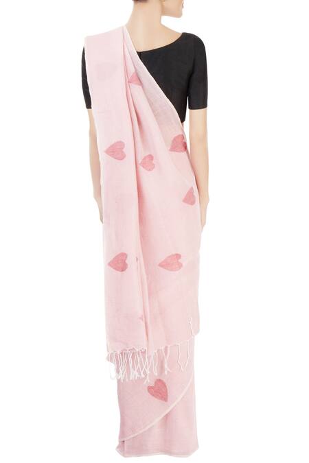 Shop_Galang Gabaan_Pink Cotton Linen Printed Saree  _at_Aza_Fashions