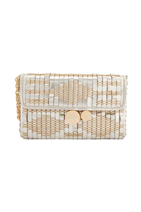 Devina Juneja Beige Champagne Clutch With Woven And Stitch Details