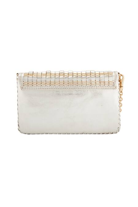 Devina Juneja Beige Gold Leather Woven Clutch Online at Aza Fashions Devina Juneja_Beige Gold Leather Woven Clutch _Online_at_Aza_Fashions