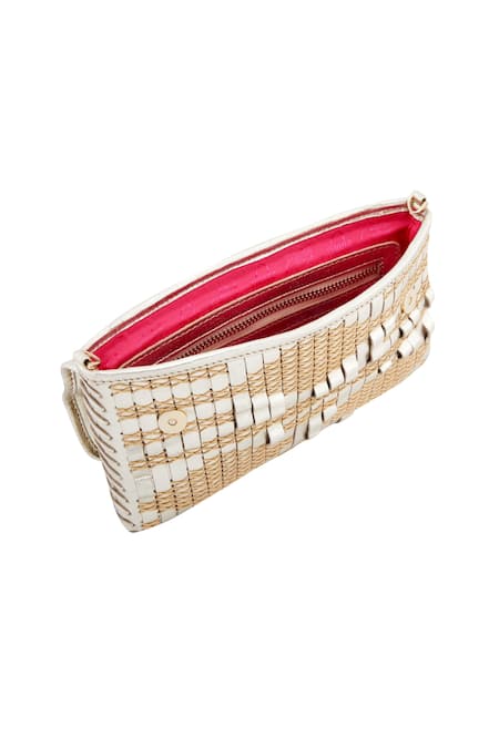 Buy Devina Juneja Beige Gold Leather Woven Clutch Online at Aza Fashions Buy_Devina Juneja_Beige Gold Leather Woven Clutch _Online_at_Aza_Fashions