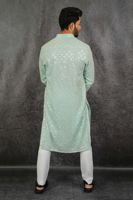 Shop Kasbah Green Georgette Mirror Work Embroidered Kurta at Aza Fashions Shop_Kasbah_Green Georgette Mirror Work Embroidered Kurta_at_Aza_Fashions